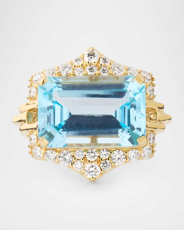 18K Yellow Gold Rainforest Blue Topaz Statement Ring with Diamonds